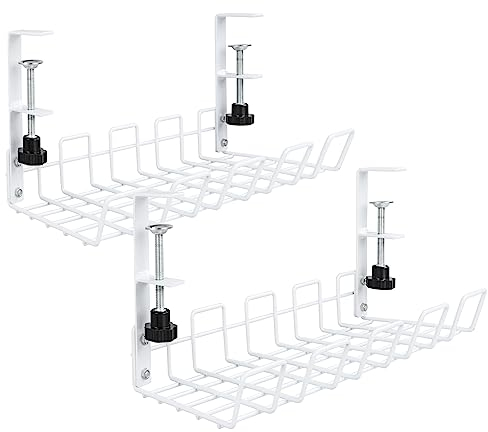 VIDETOL 2 Pack Under Desk Cable Management Tray, No Drill Cable Tray for Storing Extension Cords and Hiding Wires, Metal White Cable Rack with Clamp for Home, Office, Internet Cafe, Kitchen