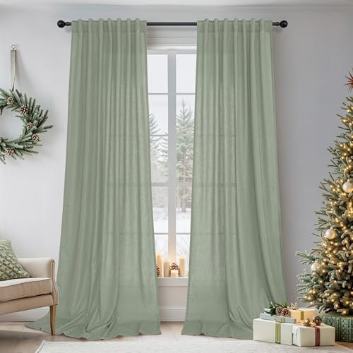 Sage Green Long Curtains 108 Inch Length for Living Room Dining 2 Panels Set Back Tab Pocket Drapes Light Filter Semi Privacy Pale Green Curtain for Bedroom Patio Door Nature Forest Decor 52x108 Olive