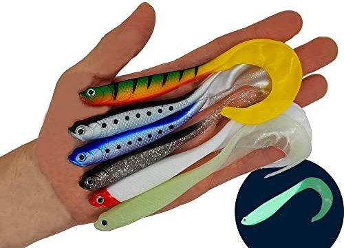 Gummifische Hecht und Zander mit Twisterschwanz 6 Stück 12cm 6g | Mit Hakentaschen für Offset Haken und Standard Jigköpfe | Zander Köder Hecht Köder