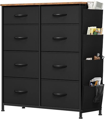 YITAHOME Commode avec Poches latérales et Crochets, Commode à 8 Tiroirs en Tissu Meuble de Rangement avec Dessus en Bois pour Chambre à Coucher, Salon, Chambre d'enfant, Noir