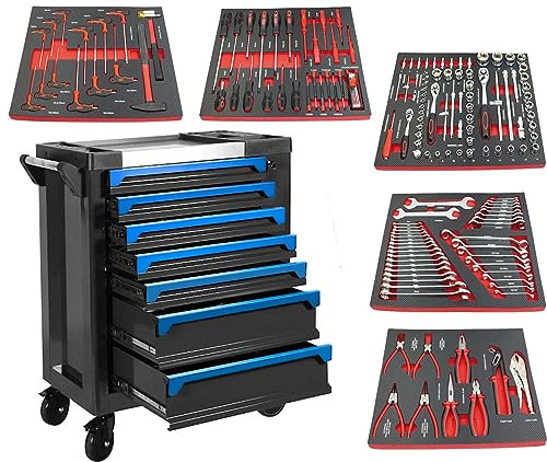 JOMAFA Carro de Taller con Herramientas 7 cajones y Puerta Lateral Azul | 5 modulos Fibra Carbono Rojo - 76385