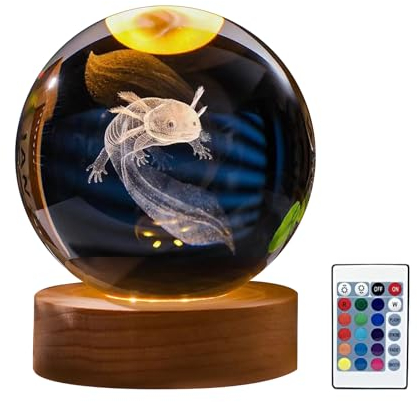 Luce notturna a sfera di cristallo con supporto in legno, 3D Axolotl sfera di cristallo decorativa con base a LED a 16 colori, telecomando per camera da letto e decorazione domestica (8 cm)