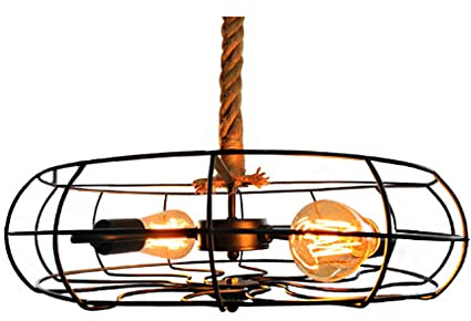 UNbit Industrial Nautical Barn Metal Wire Caged Light Fixture Hemp Rope Ceiling Hanging Lamp, Iron Cage Shade in Black Finish 2-Lights Retro Chandelier for Living Room Bedroom Light
