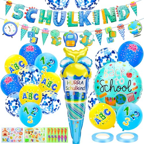 Bomtop Einschulung Deko Set für Jungen: SCHULKIND Girlande + Zuckertüte 'HURRA Schulkind' Folienballon + 22 Luftballons mit ABC 123 Zuckertüte Motiv + 3 Aufkleber Konfetti