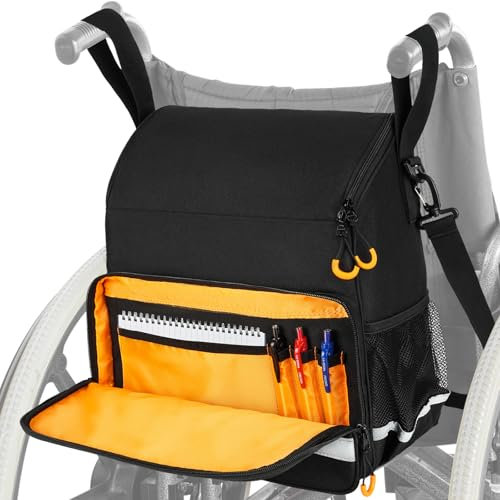 Rollstuhltasche,Rollstuhl Zubehör,Rollstuhl-Rucksacktasche Aufbewahrungstasche für Rollstuhlzubehör mit Reflektierenden Streifen Wärmeisolierungstasche für Erwachsene und Senioren,Schwarz,Nur Tasche