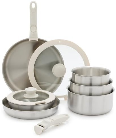 GreenLife 10 Piece Stainless Steel Pots and Pans, Detachable & Stackable Kitchen Set, Tri Ply Clad PFAS Free Cookware, Space Saving with Removable Handle, Induction & Oven Safe, RV Cookware, Glass Lid