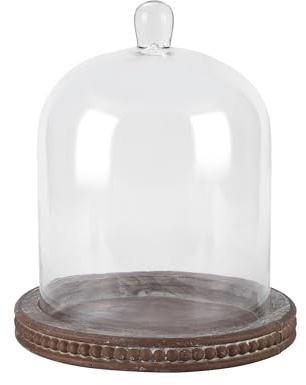 14 Large Handmade Sturdy Glass Cloche With Brown Beaded Wooden Base In Farmhouse & Cottage Style, For Terrarium, Trinkets, Cakes, Figurines (Brown, 10x14)