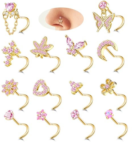 Milacolato 14Stück 20G Nasenpiercing Stecker für Damen Anhänger 14K Gold Silber Edelstahl Nasenstecker L S form Korkenzieher Piercing Herz Mond Nase Nose Stud Nostril Piercing für Damen SG