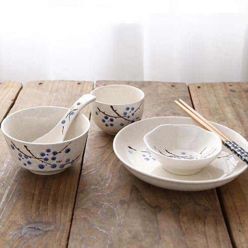 NobeOnbe Japanese 6-piece rice bowl, flavored dishes, chopsticks, spoons, ceramic tableware, suitable for single use at home,D
