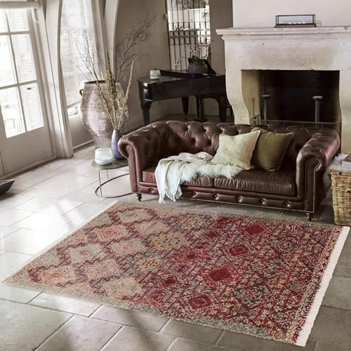 Loberon Teppich Thalivine - Handgewebt - Kräftige Farben - Detaillierte Muster - Kurze Fransenkante - Wohntextilien - Wohnaccessoires - Wolle - Baumwolle, rot