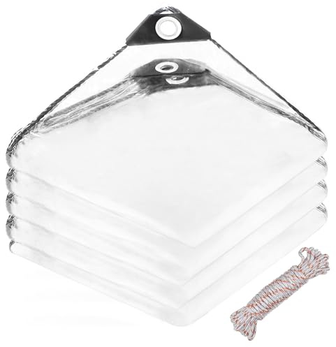 FOGAWA Lona Impermeable Exterior Transparente, 400g/m² Lona Protección de PVC con Ojales, Lona transparente para exteriores,con 10m cuerda cortaviento,para Muebles,jardín,Piscina,Coche (3 x 5m)