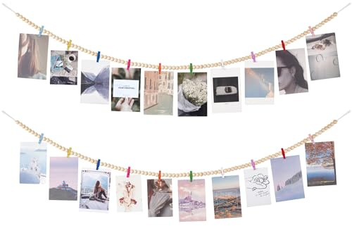 Mkono Hanging Photo Display with Clips, Boho Wooden Bead Garland Banner, Collage Card Picture Kids Art Holder String with 10 Clips for Christmas Bedroom Dorm Decor, Teen Girl Gifts, Mutil, 2 Pack