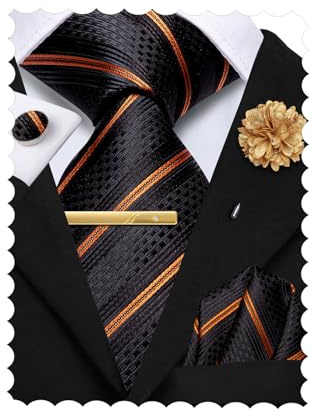 Hi-Tie Herren-Krawatten-Set, Krawatte und Einstecktuch, Manschettenknöpfe, Blume, Anstecknadel, Clip, Set für Hochzeit, Business, 4 Stück, Schwarz / Orange B, M