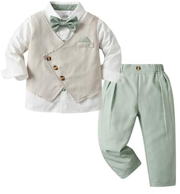 winying Baby Jungen Anzug Gentleman Outfit Langarm Fliege Hemd + Weste + Hose Kleinkinder Festlich Bekleidungsset Taufanzug Hochzeitanzug Festanzug Grün Q 68-80