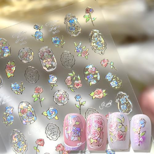 Traum Blume Fenster Aurora Muschel Licht Rose Nagelsticker Blumen Gold Linien Rahmen Rosen Nail Sticker Blumen Sticker Nägel Laser Rot Blau Nagel Aufkleber Blume Nagelaufkleber Nageldesign Nail Art