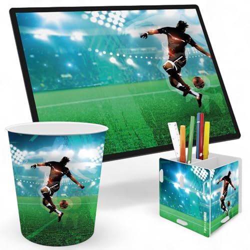 itenga SET Papierkorb Schreibunterlage und Stifteköcher mit Motiv - Papierkorb für Kinder mit Motiv - rund ca. 11 Liter passende Schreibtischunterlage und Schreibtisch Organizer (Motiv Fussball)