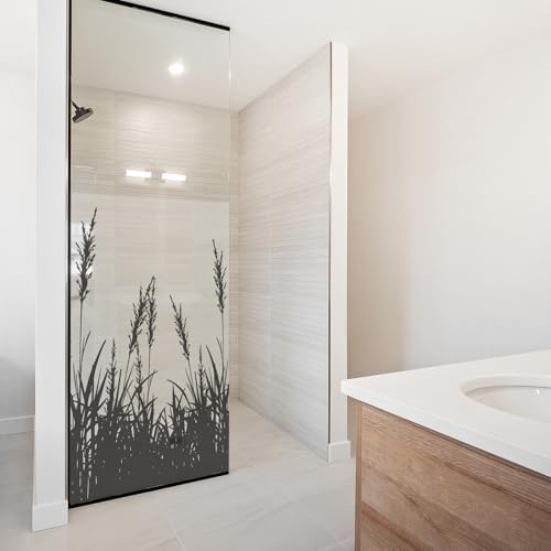 yabaduu Sichtschutzfolie für Duschkabine Duschglastüre Fensterfolie Blickdicht Milchglasfolie wasserfest Deko Klebefolie Badezimmer Dusche selbstklebend YX001 (11 Gräser Schwarz, 60 x 90cm)