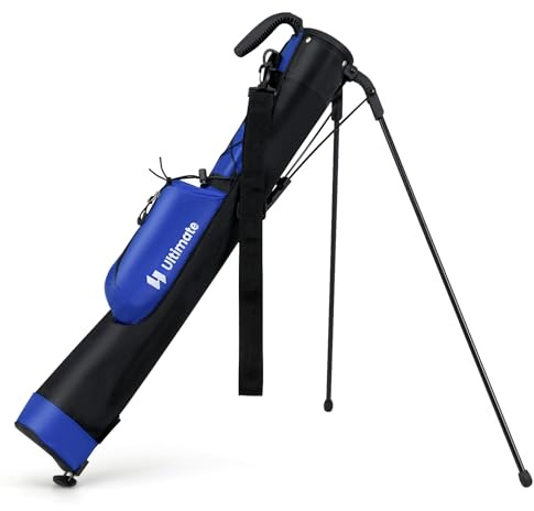 GYMAX Sac de Golf Trépied Léger, 2 Voies pour Clubs, avec Bandoulière et Poignée de Transport, Poche de Rangement de Balles et Porte-Bouteille, Pieds Pliage Facile (Bleu)