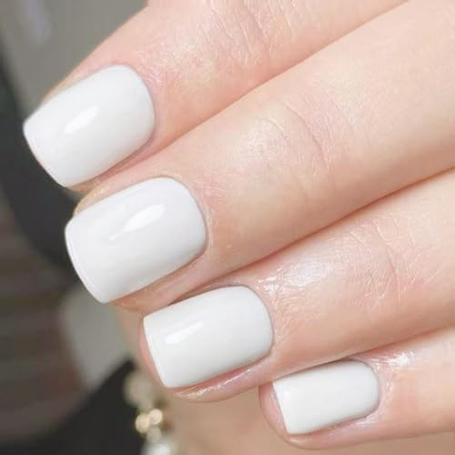 Lot de 24 faux ongles réutilisables carrés courts blancs à coller Couleur unie