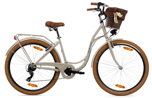 Goetze Mood Damen Citybike 28 Zoll | 18 Zoll Stahlrahmen | 7-Gang Kettenschaltung | V-Bremse | LED-Beleuchtung | Rattankorb | Gepäckträger | Komfortsattel | Tiefeinsteiger