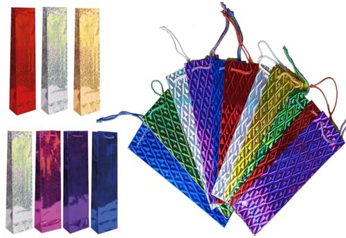 V-VAPE PACK OF 12 x Assorted Large Holographic Wine Bag Bottle Holder Carrier Gift Bags