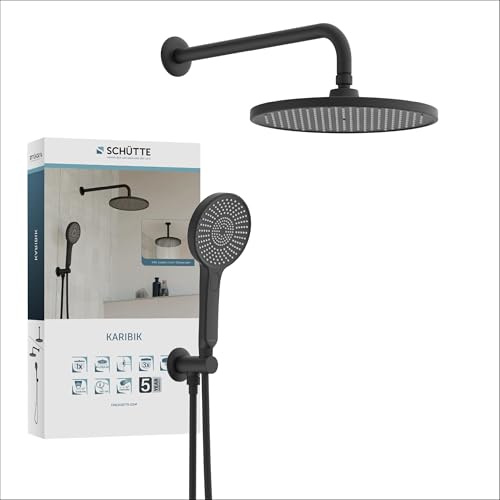 SCHÜTTE KARIBK Unterputz-Duschsystem, Unterputz-Duschset mit großer Regendusche (Ø 26 cm) und verstellbarer Handbrause, Brauseset mit Samtstrahltechnologie, Kopfbrause aus Edelstahl, Schwarz