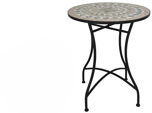 Gerimport Mesa de Mosaico Cerámico Saturno, Redonda, Tonos Tierra y Azul, Metal Negro, 60 cm Diámetro, 71 cm Altura, Estilo Mediterráneo