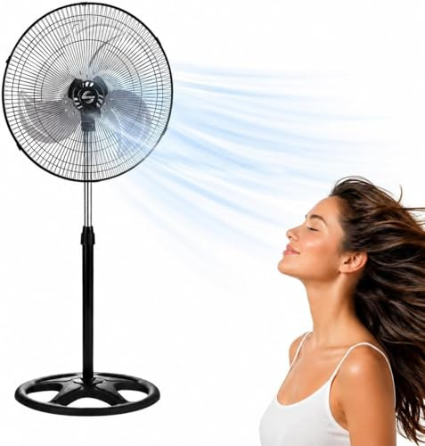 XHC Brico - Ventilador de Pie 90W, Silencioso, Oscilante 3 Velocidades, Altura Ajustable 110 a 130 cm, Base Redonda, Aspas de 45 cm, Apto para Hogar, Oficina y Almacén, 1 Unidad, Color Negro