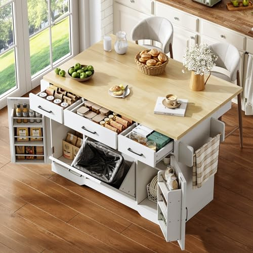 Crlnaup Isla de cocina móvil con encimera plegable, carrito de cocina, armario de almacenamiento, armario de basura, armario buffet con estante para especias, cajón y ruedas, 120 × 45 (70) × 87 cm