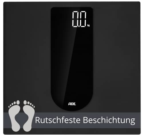 ADE Digitale Personenwaage mit großem LED-Display | rutschfeste Wiegefläche aus Sicherheitsglas | genaues Wiegeergebnis in 100-g-Schritten | elegante schwarz matte Oberfläche | bis 180 kg