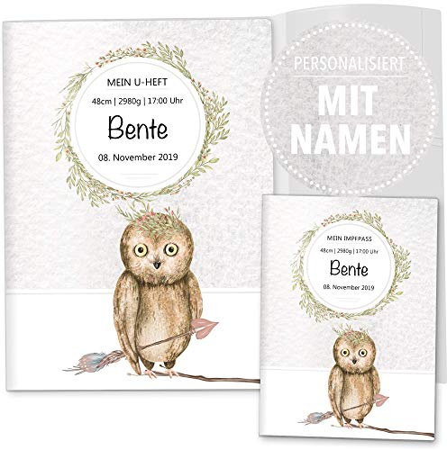 OLGS U-Heft Hüllen 3-teilig Set | Baby Tiere | Hochwertige Hüllen für Kinder Untersuchungsheft & Impfpass | Geschenkidee personalisierbar mit Namen, Geburtsdatum (Uhefthülle Set personalisiert, Eule)
