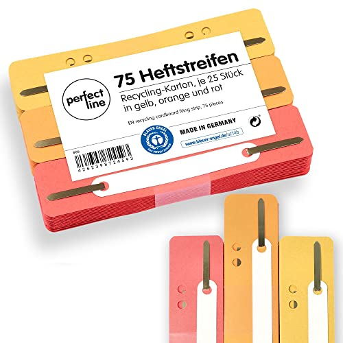 perfect line - 75 Heftstreifen Pappe, recycling Karton, 250 g/m²,3 Farben (Gelb, Orange, Rot), Made in Germany, Heftlaschen Blauer Engel zertifiziert