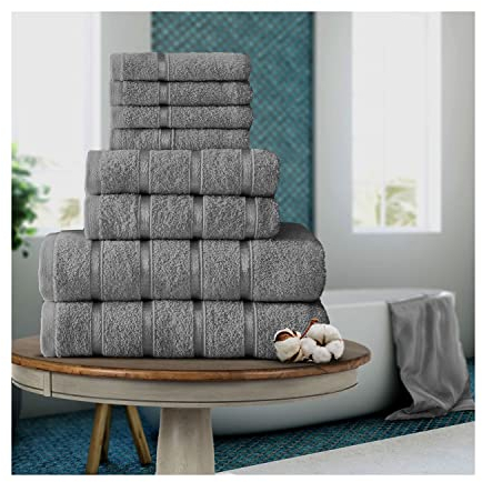 FAIRWAYUK 8-Piece Towels Bale Set for Bathroom, Ultra Soft Premium Quality Water Absorbent Towel Gift Sets, 100% Egyptian Cotton, 4x Face 2x Hand 2x Bath Towels, Silver