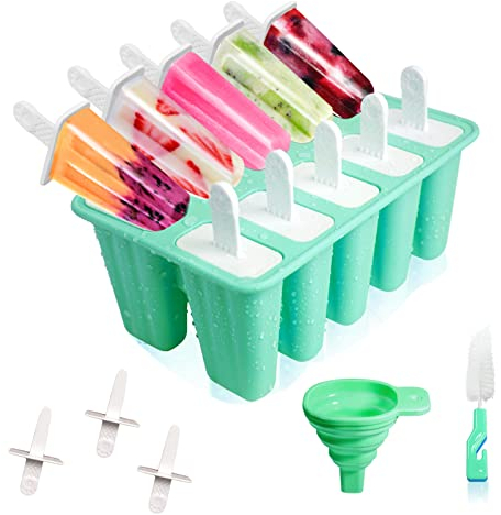 Eisformen, Eisformen Eis am Stiel, 10 Hohlräume + 13 Stiele, Silikon Eisformen für Stieleis, DIY Kreative Eisform mit Silikontrichter und Reinigungsbürste, BPA-frei (Grün)