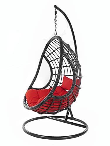 Kideo großer Hängesessel inklusive Gestell und Kissen, Korbsessel, Polyrattan schwarz (Kissen: Chesterstepp rot [3050 Scarlet])