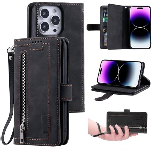 UEEBAI Hülle für iPhone 13 Pro Max, Retro Leder Klapphülle, Schwarz | Premium PU Handyhülle Magnetische Lederhülle mit 9 Kartenfächer Standfunktion Geldbörse Trageband Schutzhülle Wallet Case