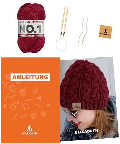 myboshi Strickset Mütze Elizabeth für Fortgeschrittene, inkl. No.1 Wolle, Nadeln, Anleitung, Label, Strickpaket, 70% Polyacryl, 30% Wolle (Merinowolle) Rot, mit Rundstricknadel