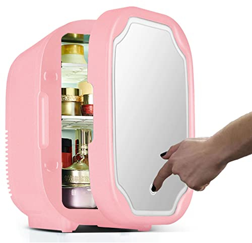 Yadlan Mini Frigo de Chambre 8L avec Miroir à Maquillage LED Réfrigérateur Portable Silencieux AC/DC Petit Glacière Électrique Chaud/Froid pour Voiture Médicament Cosmétique(Color:Rose)
