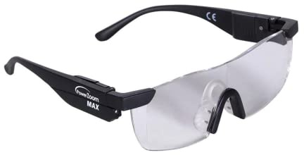 POWER ZOOM MAX Vergrößerungsbrille +160 % mit LED-Licht – Zoom zum Lesen – Präzisionsarbeiten – Miniaturmalerei – sofortige Vergrößerung – (Packung mit 2 Stück + 1 Sonnenbrille), schwarz