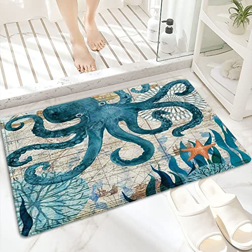 Badematte, rutschfest Waschbar Badezimmerteppich 60x100 cm,Vintage bunte Meeresboden-szenische blaue Ozea,Badvorleger mit Wasserabsorbierenden, Weichen Mikrofasern für Badewanne, Dusche und Badezimmer