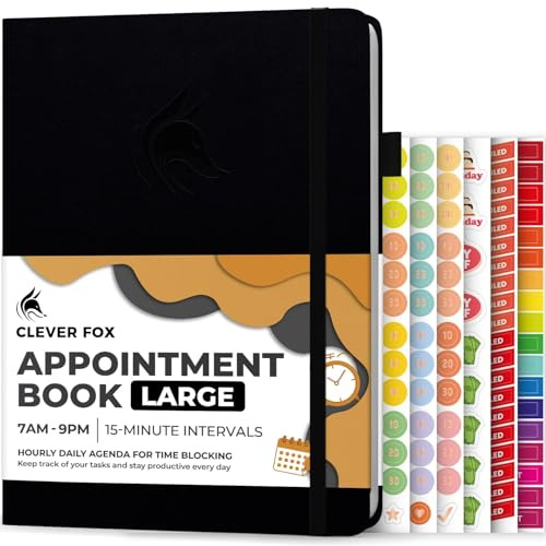 Clever Fox Terminkalender - Stundenplaner mit 15-Minuten-Schritten - Zeitbox-Planer für die tägliche Arbeit & To-Dos - Wochen- & Monats-Spreads, undatiert, Hardcover, A4-Größe, Schwarz
