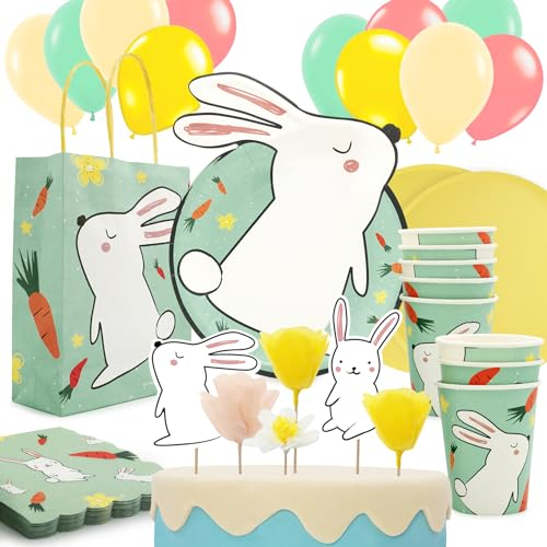 PARTY PARTY 66 Teile Hasen Party Set 8 Gäste Osterhasen GESCHENKTÜTEN + PARTYGESCHIRR + CAKETOPPER + BALLONS, Oster Deko, Hasen Kindergeburtstag Junge Mädchen, Geburtstag