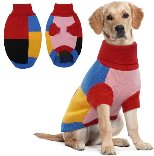Hundepullover für mittelgroße Hunde | gestrickter Hunde Pullover warm für Winter mit Geschirrloch und Rollkragen | gemütlicher Hundepulli für Weihnachten | Border Collie, Rainbow Pop XL