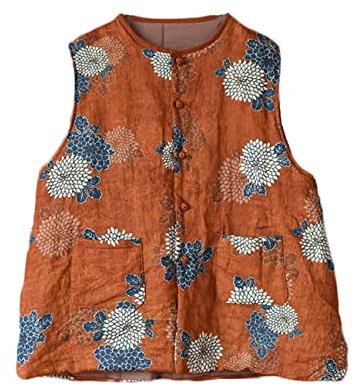 NFYM Gilet matelassé léger en coton et lin imprimé printemps vintage pour femme, Orange, taille unique