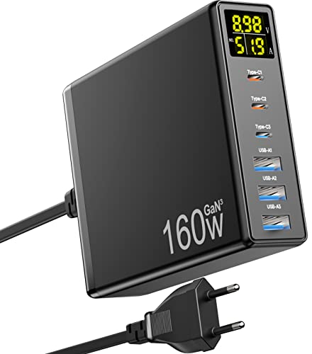 Caricatore USB C, 160W GaN 6-Port Caricabatterie USB C Rapido con Display a LED, Stazione di Ricarica USB Multipla mit 3 USB-C e 3 USB-A PPS PD 3.0 per MacBook Pro Laptop iPhone iPad Samsung