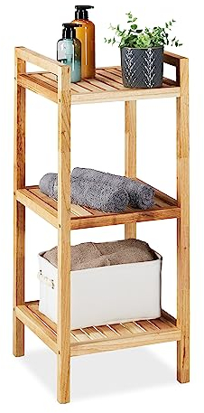 Relaxdays Badregal, Walnuss, 3 Ablagen, HxBxT: 81 x 35 x 35 cm, Standregal für Badezimmer & Küche, freistehend, Natur