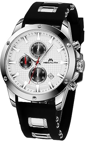 MEGALITH Herrenuhr Schwarz Sportlich Chronographen Herren Armbanduhr Silber Groß Wasserdicht Analog Uhren fur Männer Gummi Designer Modisch Leuchtende Datum