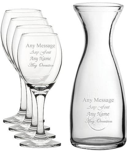Personalised Engraved Set of 4 Pure Wine Glass and 1 Litre Carafe Set, Customise with Any Message for Any Occasion, Stylize from a Variety of Fonts, Gift Boxes Included, Laser Engraved