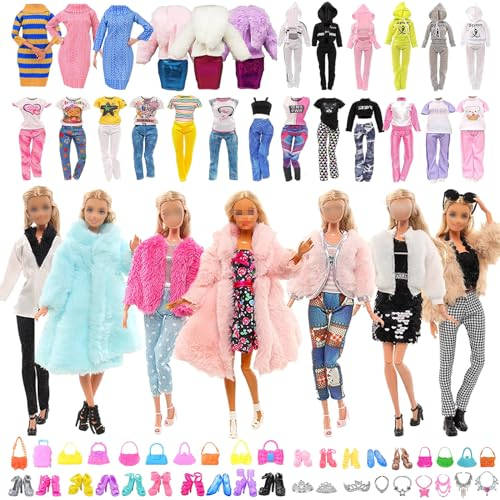 FCXQG 48 Pcs Puppen Zubehör Barby Kleidung Set Barby Kleidung Original 1 Mantel 1 Plüschoberteil 1 Pullover 1 Plüschjacke 8 Röcke 3 Oberteile 3 Hosen 10 Schuhe 10 Schmuck-Accessoires 10 Taschen