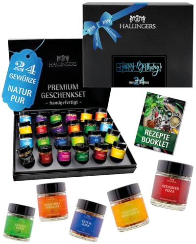 Hallingers Genuss Manufaktur Gewürz Geburtstagsgeschenk-Set - 24 Gewürze aus aller Welt in wertiger Geschenkbox mit Rezept-Booklet Happy Birthday, Geschenke für Frauen Männer